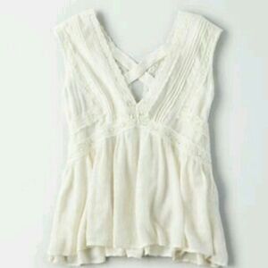 NWT American Eagle White Lace Peplum Blouse Boho Cottagecore S